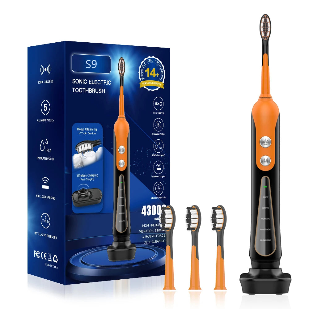 Sonic S9 Elektrische Schallzahnbürste, kabellos, wiederaufladbar über USB, Aufhellungszahnbürste, wasserdicht, automatische Ultraschall-Zahnbürste