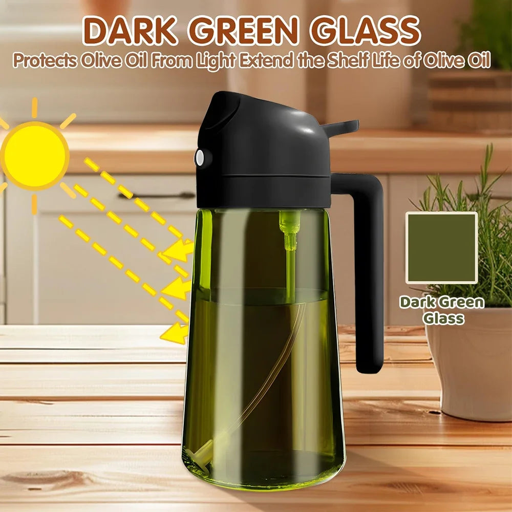 470 ml/16 Unzen lichtblockierendes Sprühgerät für dunkle Öle zum Kochen, 2-in-1-Olivenölspenderflasche für die Küche, dunkelgrüne Glasölflasche
