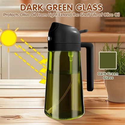 470 ml/16 Unzen lichtblockierendes Sprühgerät für dunkle Öle zum Kochen, 2-in-1-Olivenölspenderflasche für die Küche, dunkelgrüne Glasölflasche