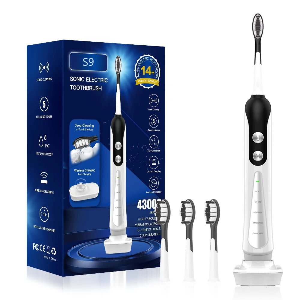 Sonic S9 Elektrische Schallzahnbürste, kabellos, wiederaufladbar über USB, Aufhellungszahnbürste, wasserdicht, automatische Ultraschall-Zahnbürste