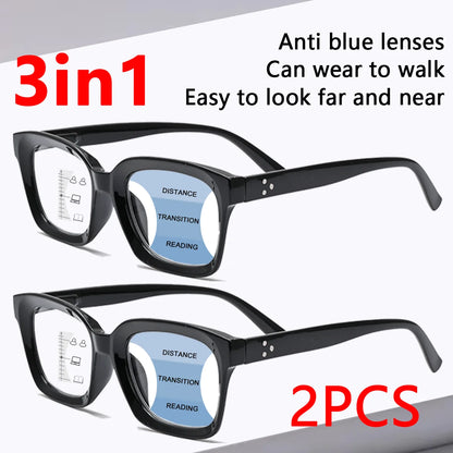 3 In 1 2PCS Progressive Multifokale Anti Blaues Licht Gläser Retro Fashion Square Gläser Übergroßen Rahmen Brillen +1,0 bis +3,0